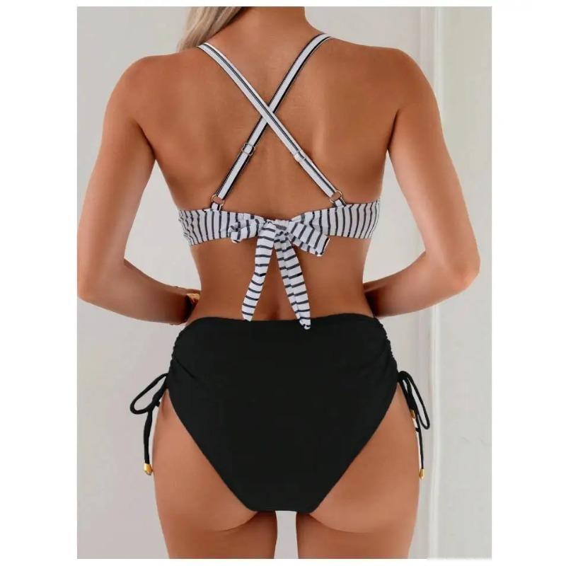 Cikini Sexy High Waist Criss-Cross Strap Bikini Set For Women, Metal Pendant Decor, Adjustable Drawstring