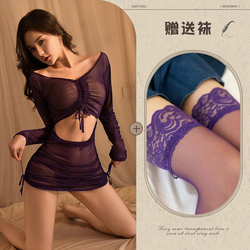 Moon Tide Sex Underwear Perspective Long Sleeve Hip Wrap Dress Passion Hot Sexy Uniform Seduction Pajama Set