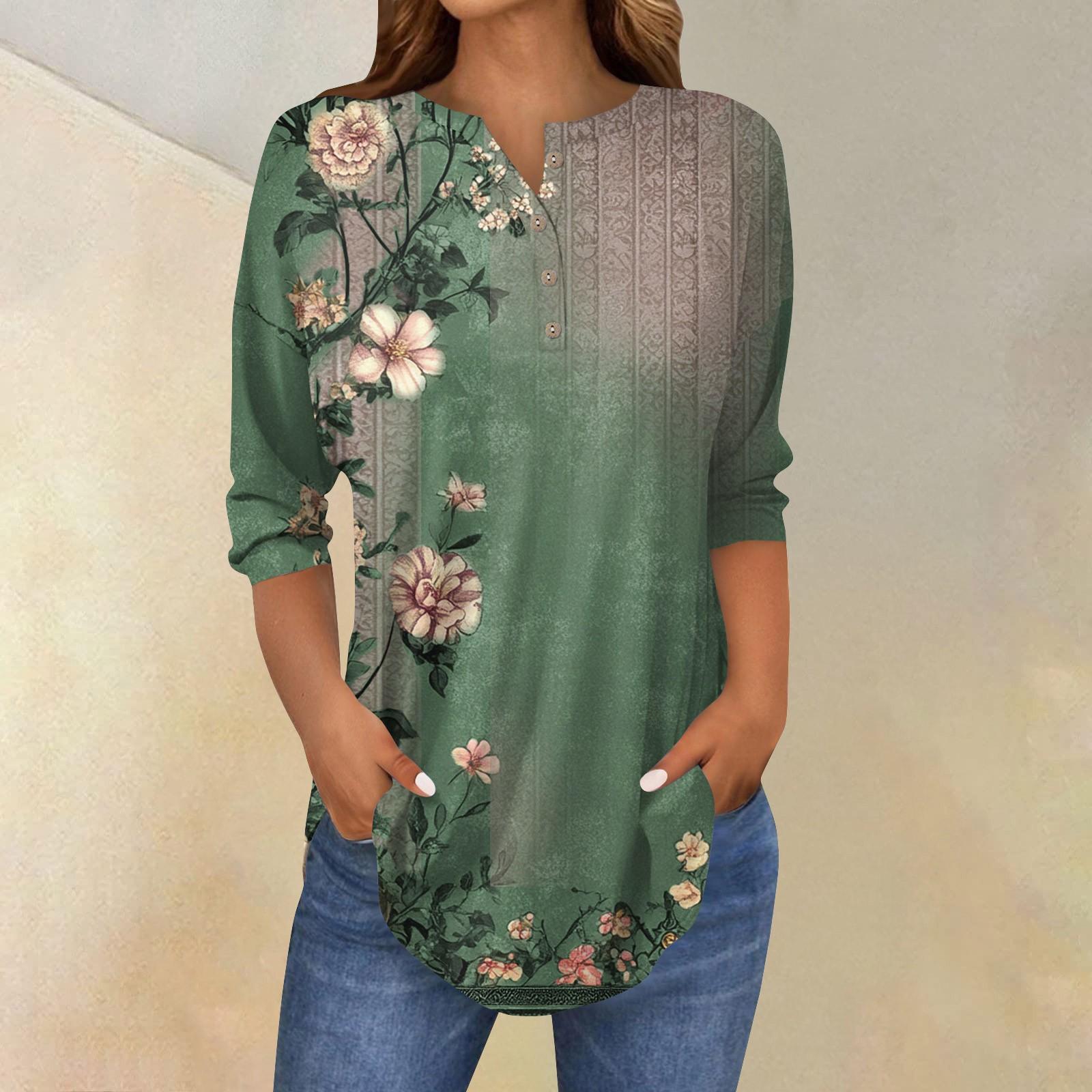 

Женская свободная футболка с воротником на пуговицах и винтажным цветочным принтом, рукав три четверти XXXL темно-зеленого