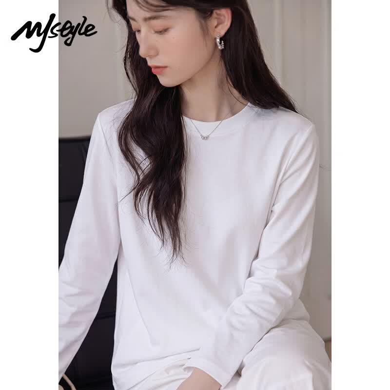 MJ STYLE Women's Loose-Fit Pure Cotton Long-Sleeve T-Shirt