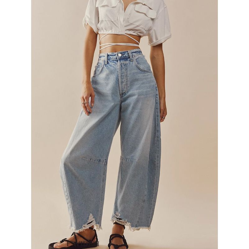 Amazon Export Straight-leg Multi-Color Cropped Pants Fringed Burr Casual Raddish-Shaped Jeans Women's Good Model Jeans