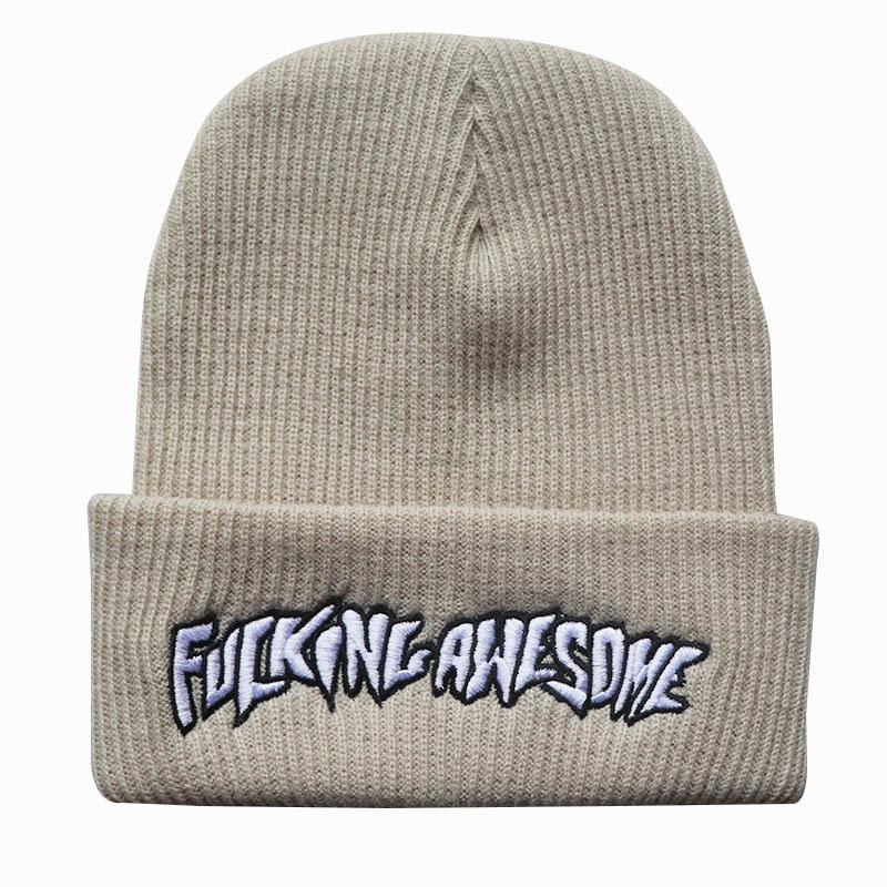 

European and American men s and women s trendy hats FUCKING AWESOME Knitted hat, pullover hip-hop hat, woolen hat, unisex cold weather hat Adjustable бежевий