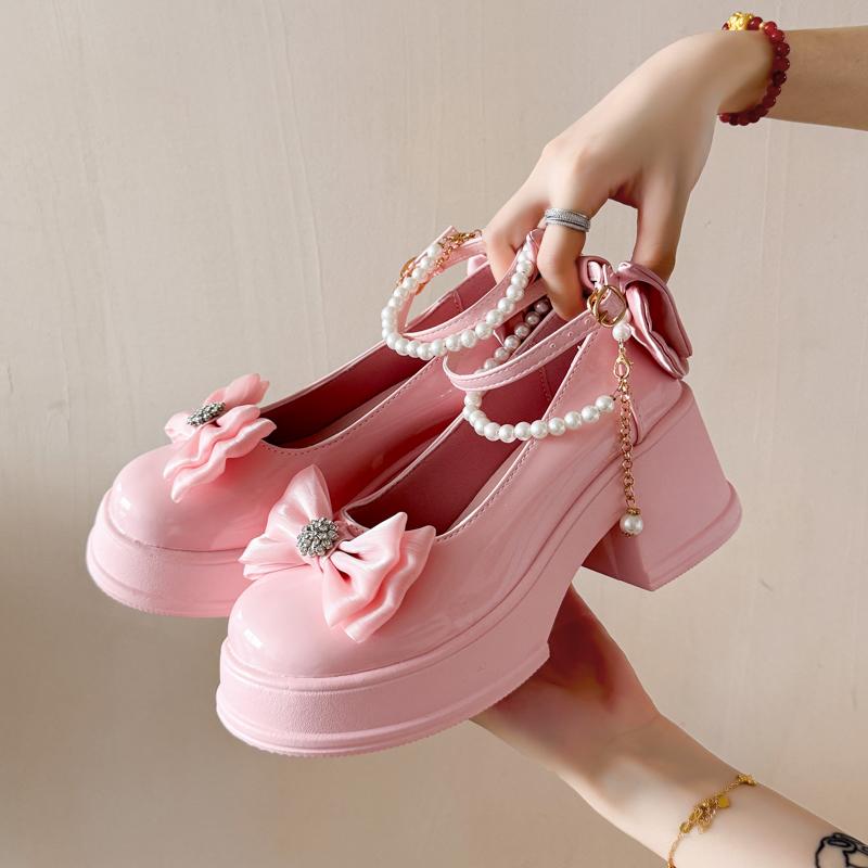 Bow Beaded Women High Heels Shoes Marie Janes Chunky Sandals Designer 2025 Summer Lolita Dress Party New Woman Pumps Zapatos