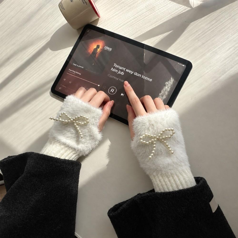 Pearl Bowknot Winter Fingerless Gloves Thickened Bow Gloves Softo= Wrist Sleeves Winter