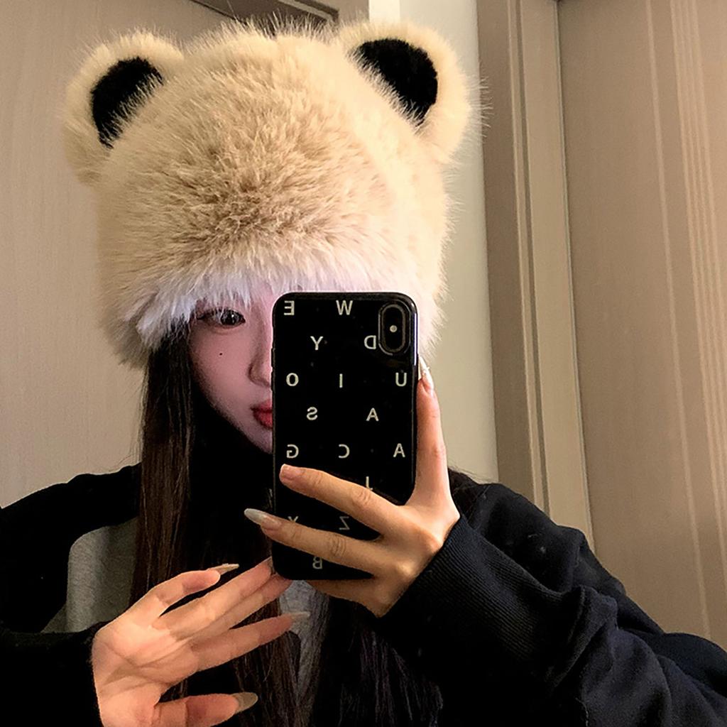 RICYGVM Winter Women Plush Beanie Soft Fluffy Fur Pullover Cap Snow Windproof Warm Ear Protection Hat Cute Cartoon Bear Bonnet