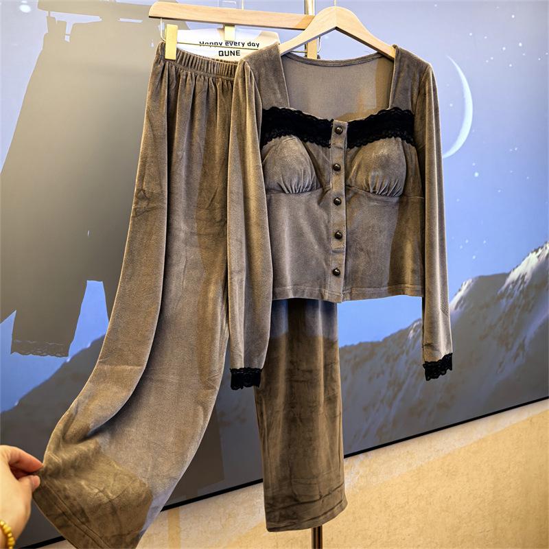 Sea Island Baumwolle Damen Pyjama Set - Herbst/Winter Französischer Stil mit Brustpolster, Dünner Fleece Hausbekleidung