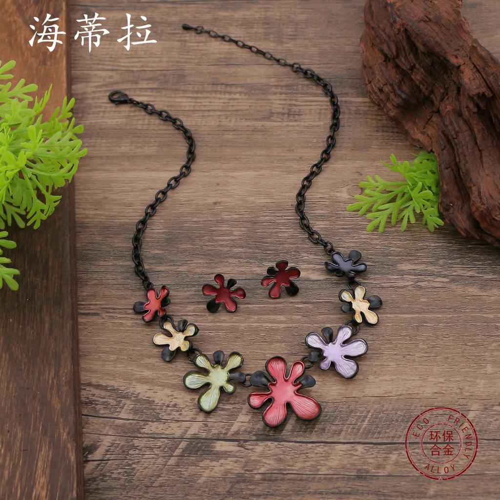 Neues Emaille-Blumen-Ohrstecker-Halsketten-Set, Damenmode High-End Farbblumen-Halskette