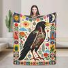 Day of the Dead Raven Fleece Blanket, Sugar Skull Raven Folk Art Throw Blanket, Gothic Mexican Decor Couch Bed Gift