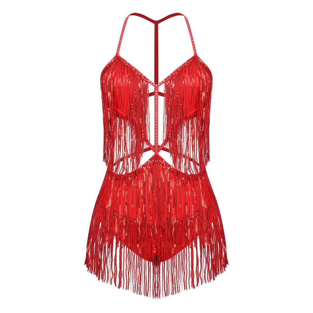 Damen Bauchtanz Bodysuit mit Fransen Pailletten Quasten Ausgeschnitten Rückenfrei Glänzend Jumpsuit