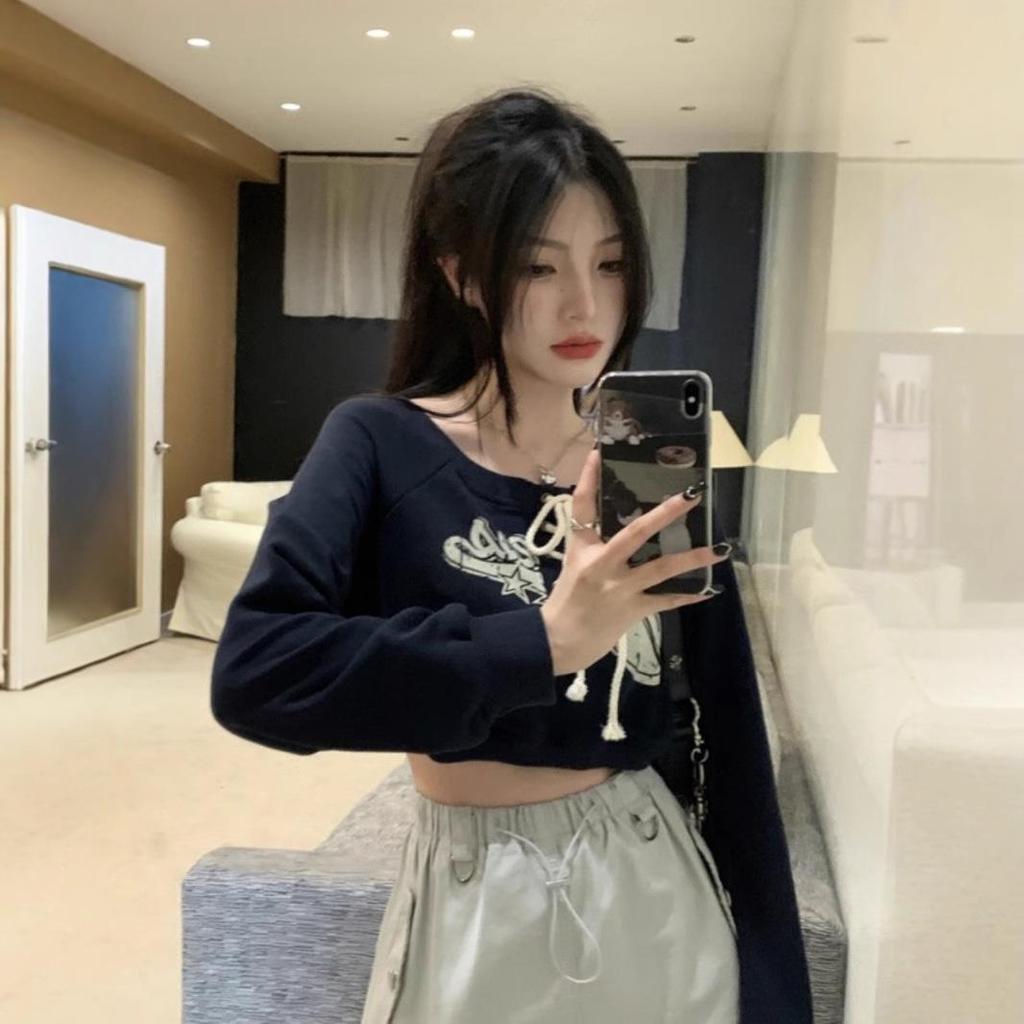 2025 Vintage Korean Letter Print Loose Sweatshirt for Women – Long Sleeve, Spring Style