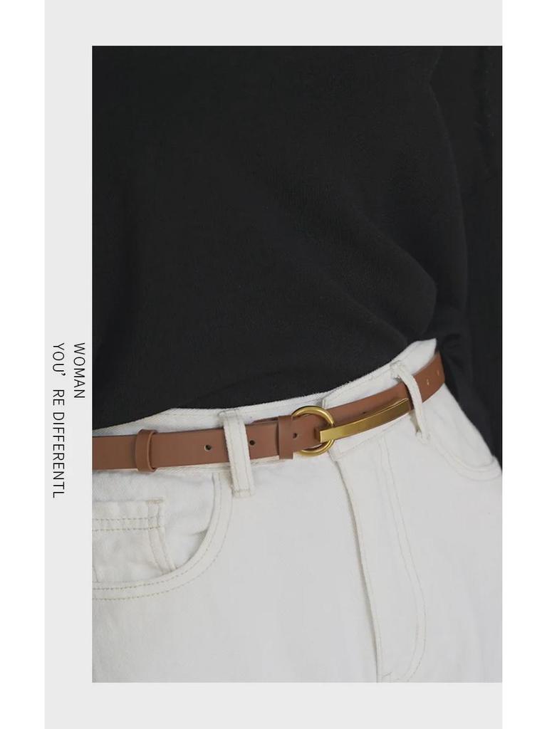 Curea din piele de vacă cu cataramă retro aurie pentru femei - la modă, lungă, cu etanșare în talie de înaltă calitate.