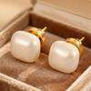 French Minimalist Pearl Stud Earrings - S925 Silver Square Bun Design