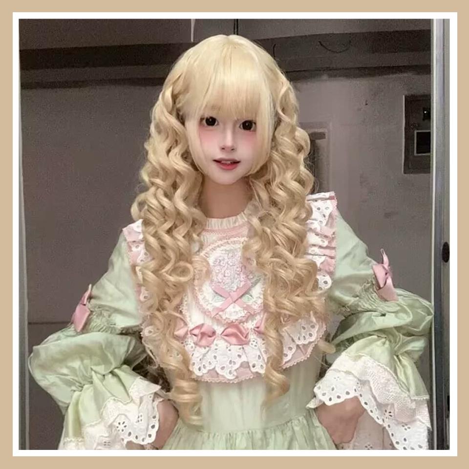 Gold Deep Wavy Lolita Wig with Bangs Synthetic Golden Pink Brown Long Curly Cosplay Natural Wigs for Women Halloween Party Daily