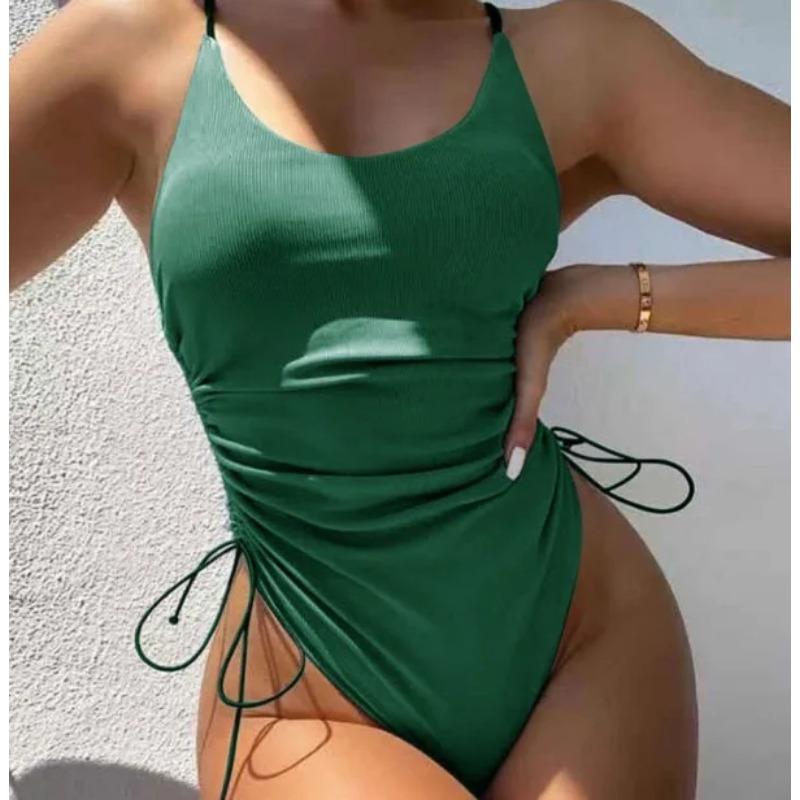 

Цельный купальник для женщин, купальники на завязках, женские, 2024, боди с открытой спиной, ребристый купальный костюм, спортивная пляжная одежда XL зелёный