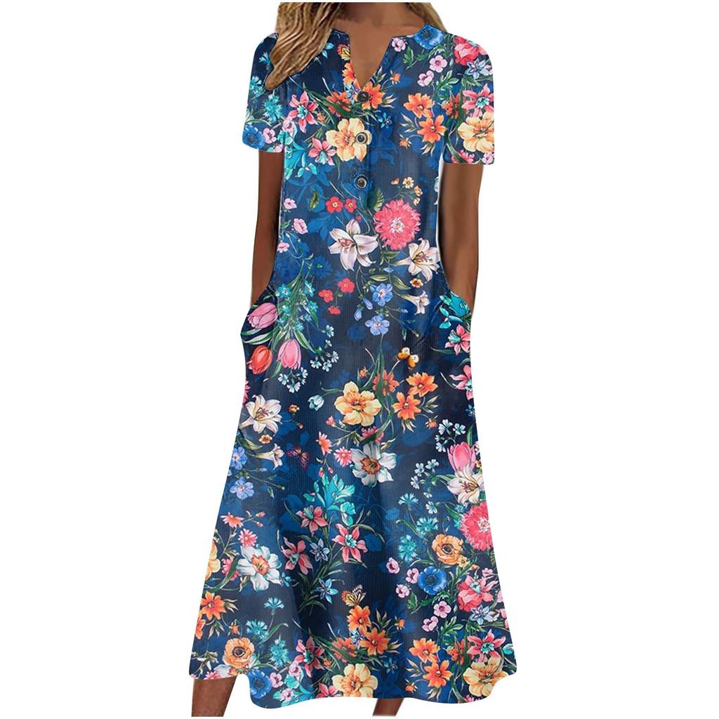 Women's Summer Casual Printed V-Neck Short-Sleeve Swing Dress