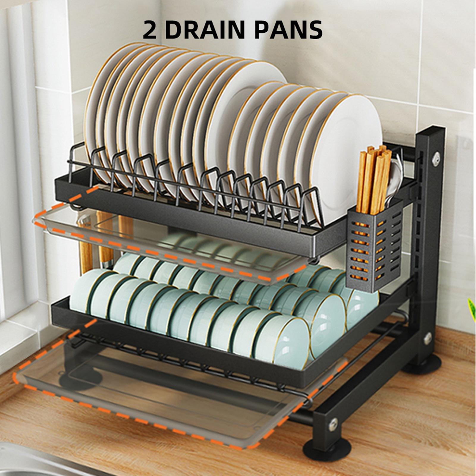 

Height Adjustable Dish Drainer 2 Tier Large Dish Drying Rack with 2 Drainboards for Kitchen Counter Sink Organizer with чёрный
