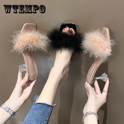 Women Fur Slippers Summer  Fluffy Slippers High-heeled Slippers Sweet Ladies Stiletto Slippers Footwear