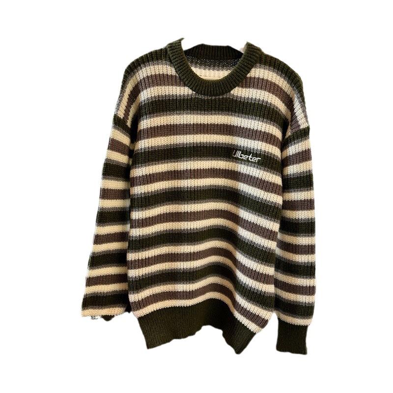 Men's Japanese Retro Striped Sweater - Thick Knit, Round Neck, Loose Fit for Autumn/Winter