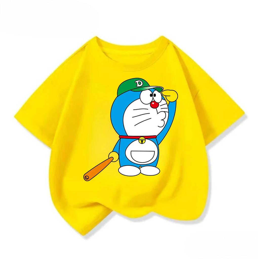 Cute Children's Short-Sleeve T-Shirt, Cute Doraemon Crew Neck, Everyday Casual Summer Kids' Clothing