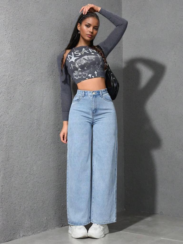 2025 Spring Women's Light Wash Floor-Length Wide Leg Jeans