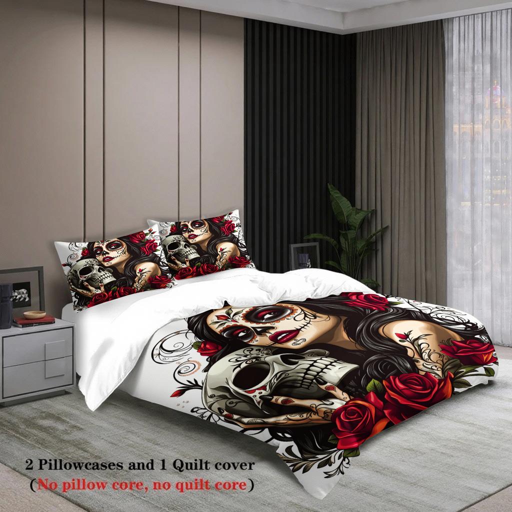 3pcs Sugar Skull Woman Bedding Sets 3D Printed Day Of The Dead Duvet Cover Sets With Pillowcases No Filling Single Twin Size