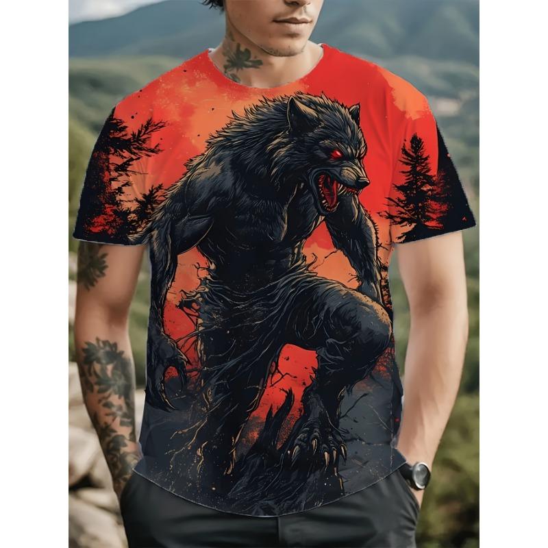 New creative men s fashionable and artistic trendy tops 3D popular werewolf unique element printed short-sleeved street trend personality S