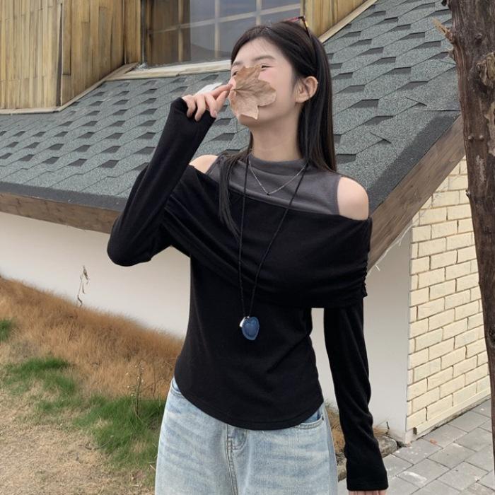 

MR [Cut at will] American retro off-the-shoulder long-sleeved T-shirt for women s spring and autumn spice girls fake two-piece top bottoming shirt M чёрный