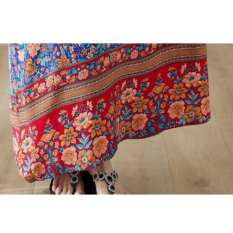 Sommer V-Ausschnitt Dünn Übergröße Locker Literarischer Urlaubsstil Strandkleid Vintage Lange Kleider