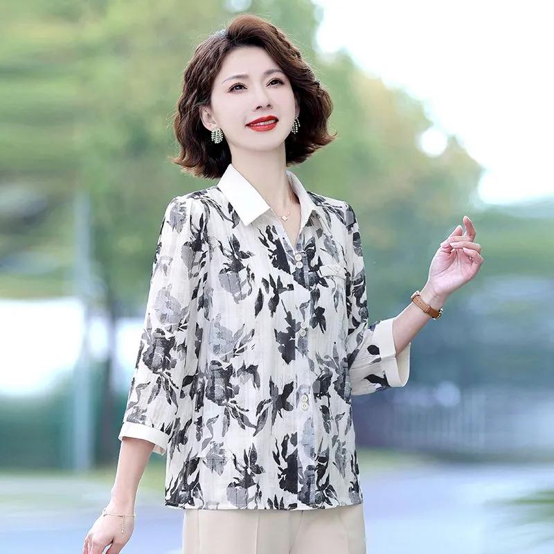 Floral Print Contrast Collar 3/4 Sleeve Button Down Blouse Casual Chiffon Top