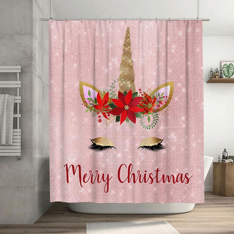 

Magical Unicorn Christmas Shower Curtain, Pink Sparkle With Golden Horn And Poinsettia, Whimsical Holiday Bathroom Decor W60H190(CM)-1 Pcs