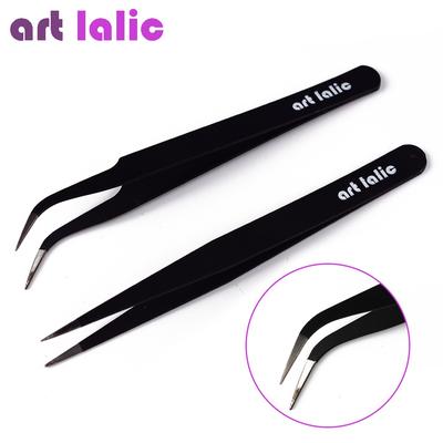 2 pinzas para decoración de uñas de acero inoxidable, rectas y curvadas, color negro, herramienta de selección de decoración de diamantes de imitación para uñas, herramienta de manicura