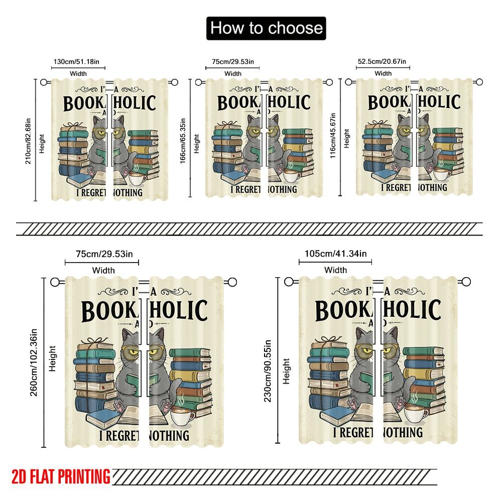 2pcs 2D Flat Printing Window Curtains Bookaholic Cat Reads Books Fabric Without Electricity Festive Wall Decor for Classroom