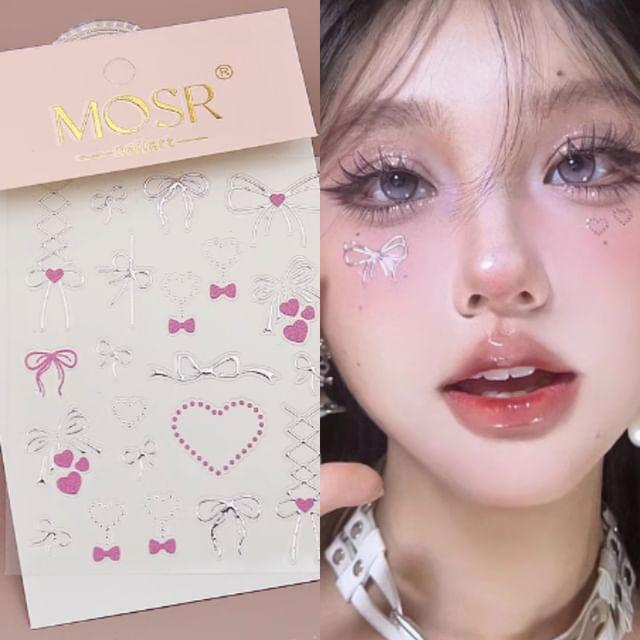 Miumi - Lace Up Bow & Heart Adhesive Face Gem Makeup Decoration