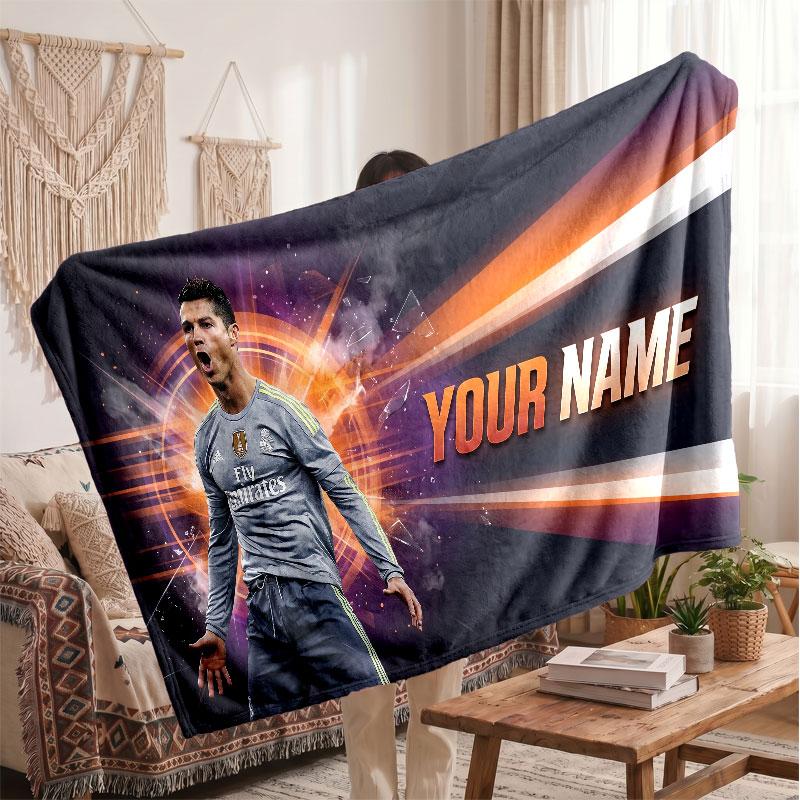 Coperta Personalizzata in Pile Cristiano Ronaldo con Logo Calcio, Testo Nome Personalizzato Morbida Calda Coperta da Divano per la Casa