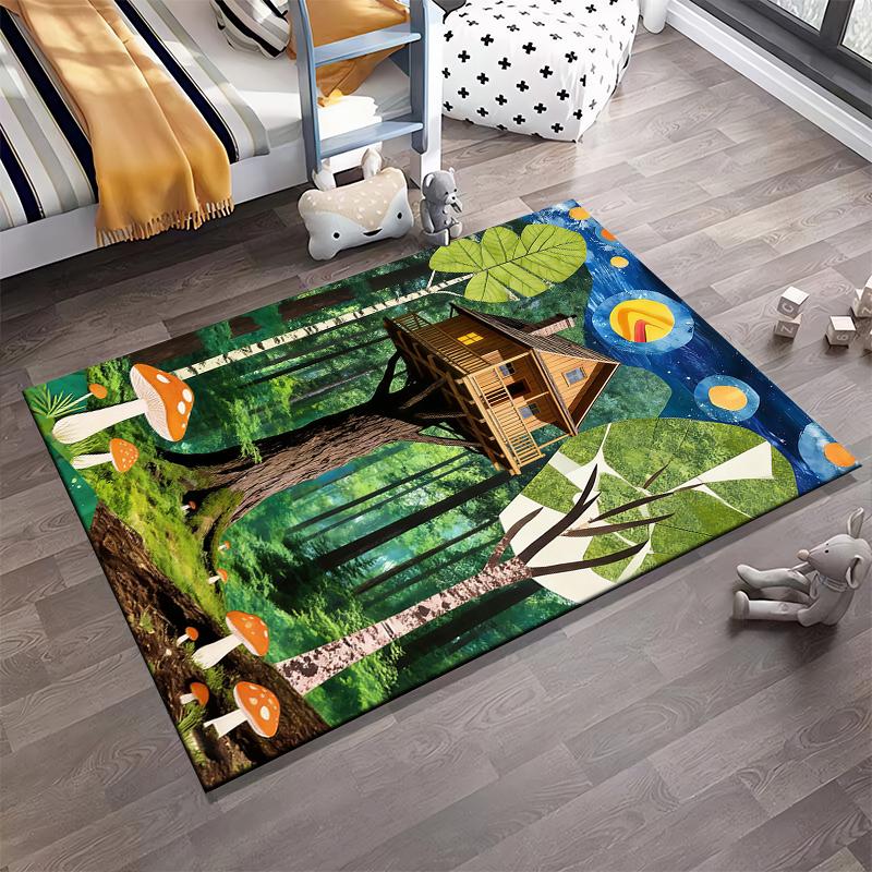 Baumhaus Wald-Thema Teppich mit Pilzen und hellem Nachthimmel Geeignet zur Verwendung als Anti-Rutsch für Wohnzimmer Schlafzimmer Sofas