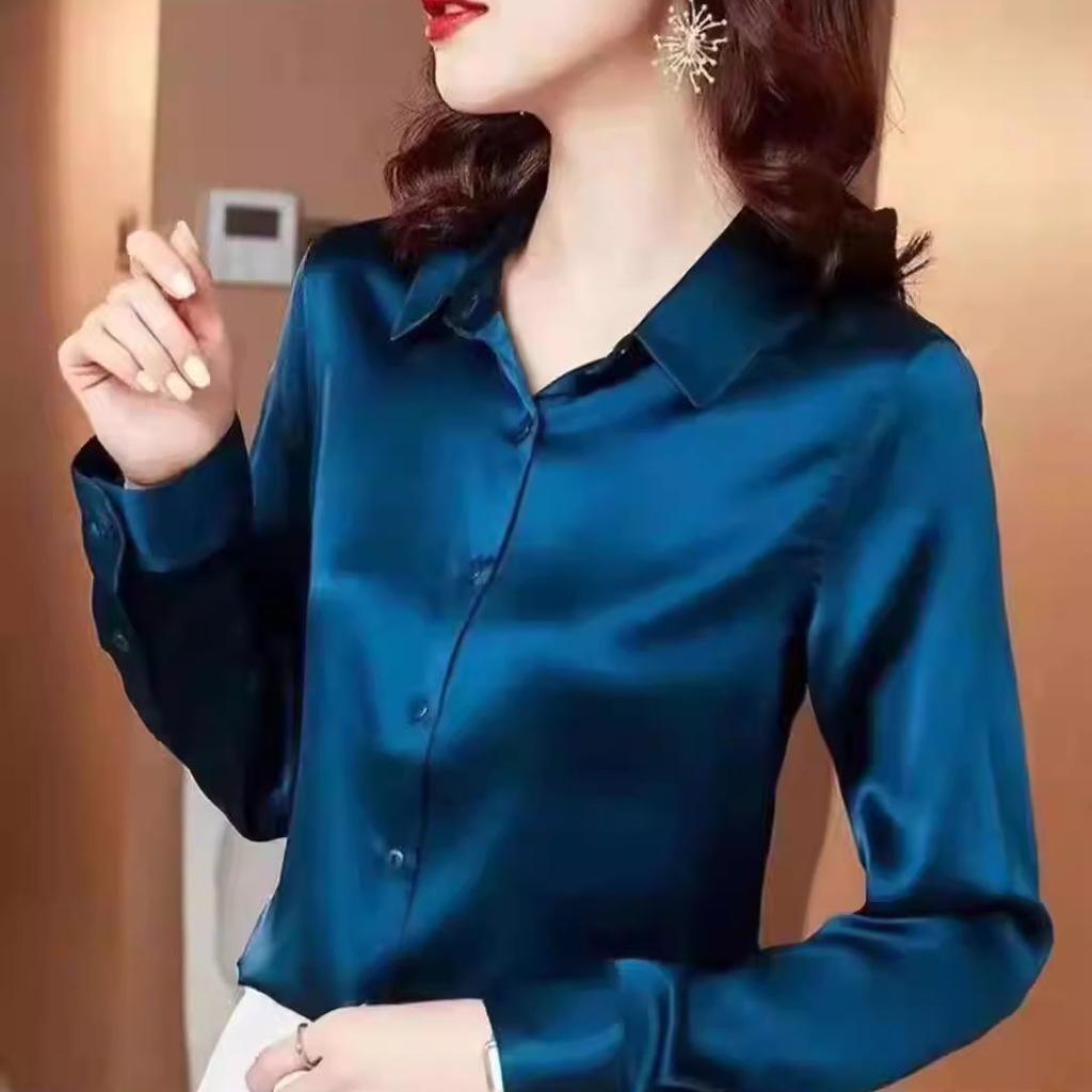 Korean Commute Spring Autumn Satin Blouses Women's Polo Neck Solid Button Loose Ruched Long Sleeve Casual All-match Shirts