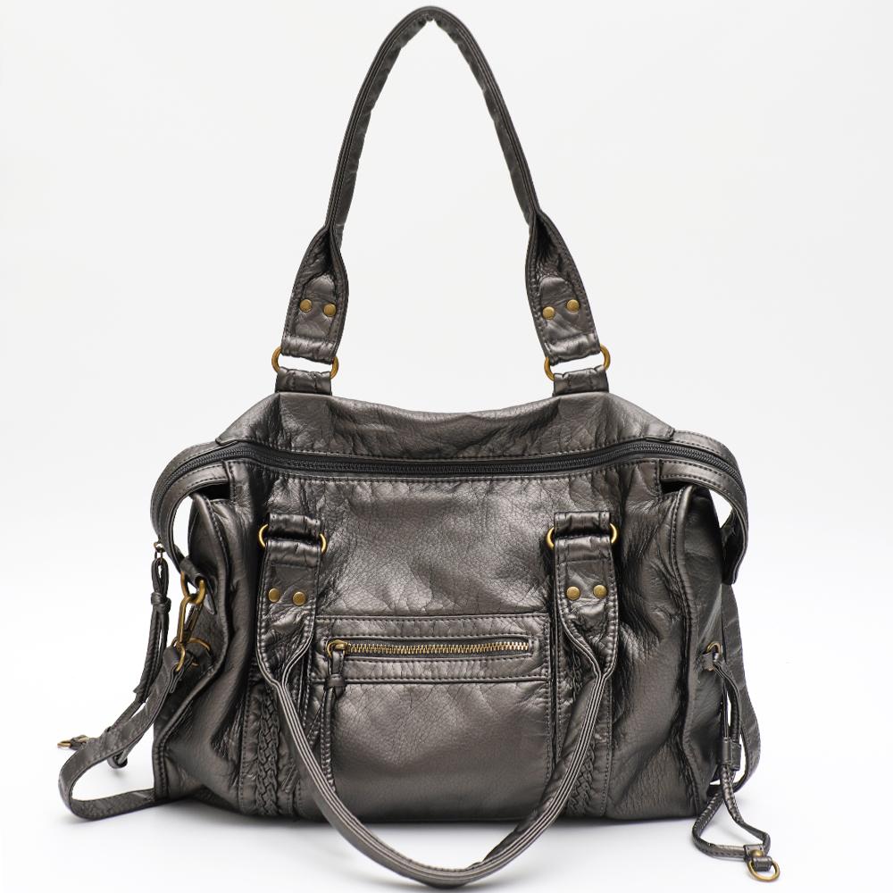 Vintage Washed PU Leather Large Capacity Tote Zip Pockets Braid Decor Shoulder Cross body Bag Unisex Women Daily Travel Handbag