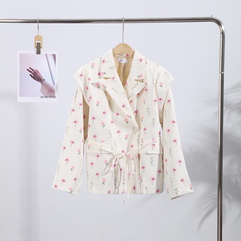 Módní květinové pásky Blejzr Kabát Dámský Ramenní vycpávky Jednořadé S klopami Dlouhý rukáv Streetová bunda 2025 Jarní sváteční párty