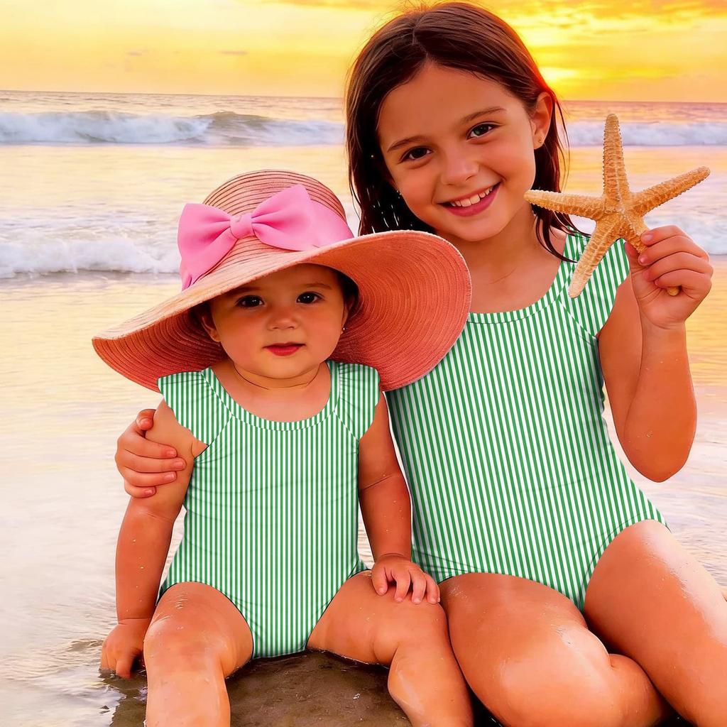 Girls One Piece Swimsuit Striped Print Sleeveless Ruffle Shoulder Swimwear Kids Summer Beachwear Bathing Suit for Children