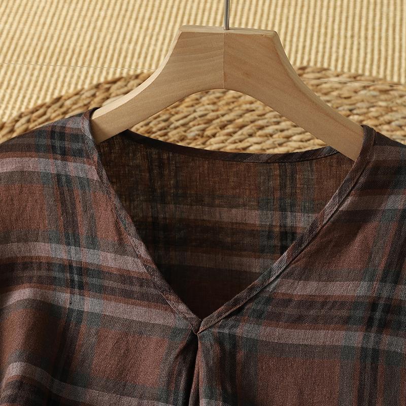 DIMANAF 2026 Summer New Plus Size Women T-Shirts Casual Blouse Shirts Lady Tops Tees Cotton Oversized Vintage Print Plaid