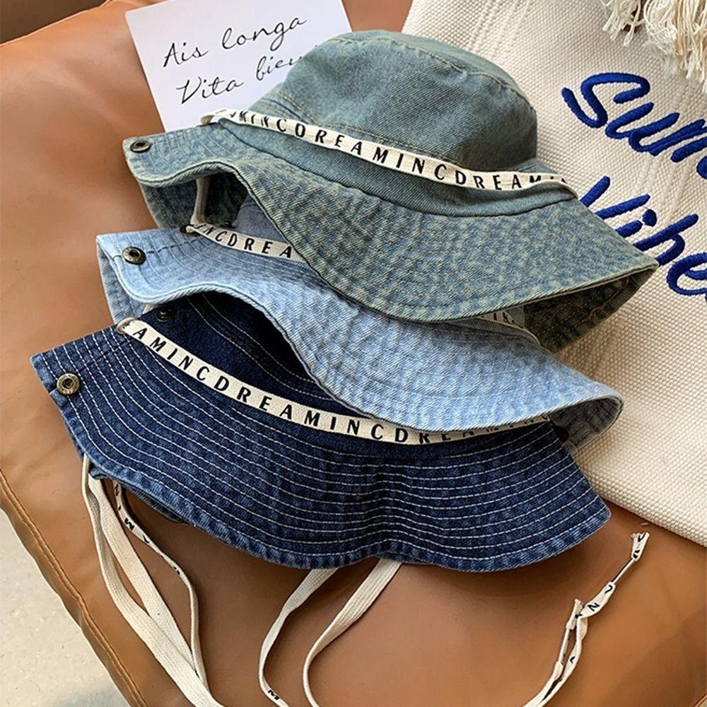 Letter Jeans Fisherman Hat With Tie Belt Sunscreen Hat Sweet Denim Bucket Hat  Outdoor