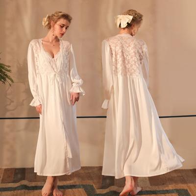Satin Pajamas Women's Lace Light Luxury Long-sleeved Cool Nightgown Bathrobe Loungewear