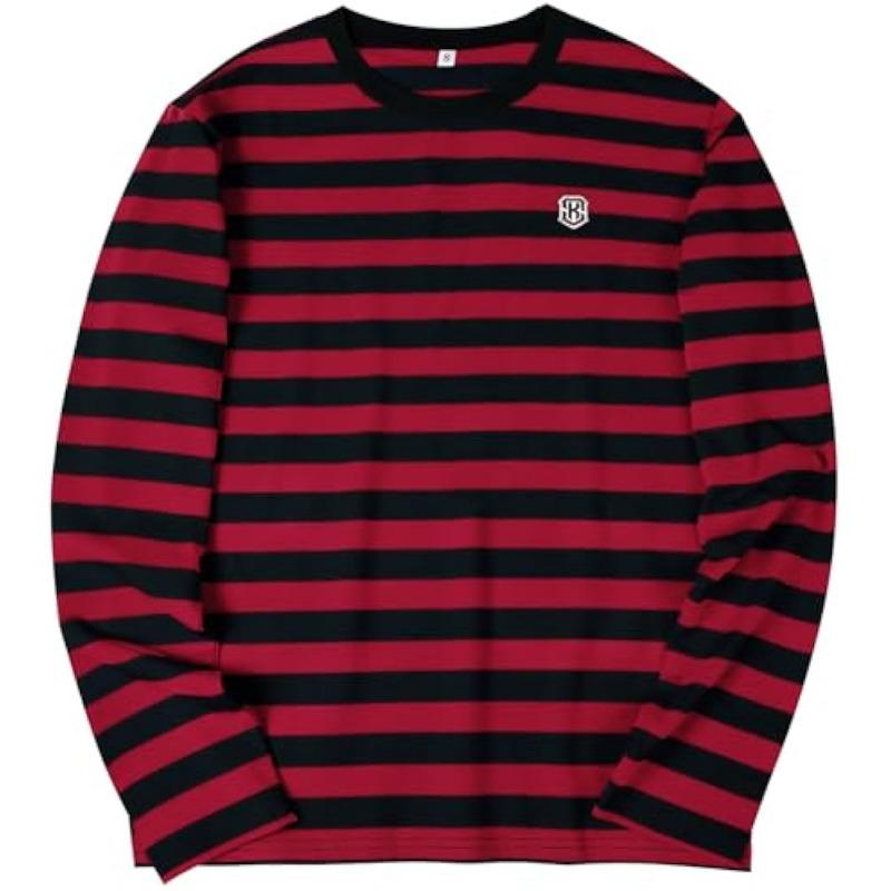 Herren Casual Gestreifte Hemden Rundhals Langarm Basic T-Shirt Basic Tägliche Arbeit Streifen T-Shirt Tops XL red