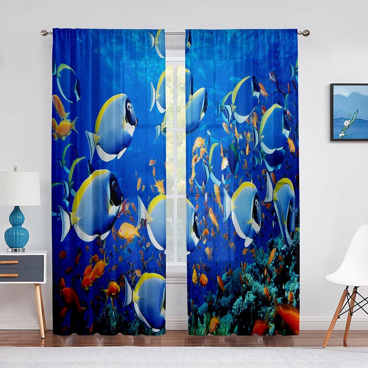 

Океанская тема Прозрачная вуаль Шторы Подводные тропические рыбы Коралловые животные Морская жизнь Оконные тюль Шторы для спальни Гостиной 1 PCS W200XH250cm&Grommet Top