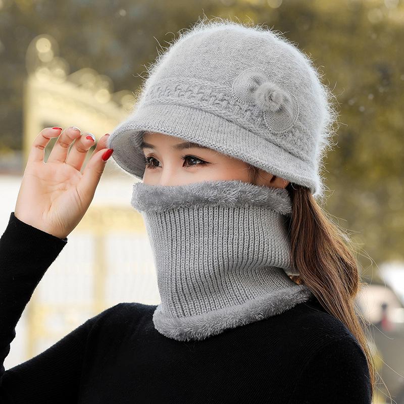Căciulă tricotată de toamnă și iarnă pentru femei din păr de iepure cu floare la modă