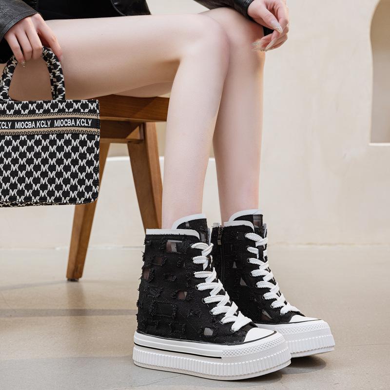 

High-top ripped shoes women s small 12 cm hollowed-out super-high heels women s shoes breathable thick-soled inner height-increasing canvas shoes 35