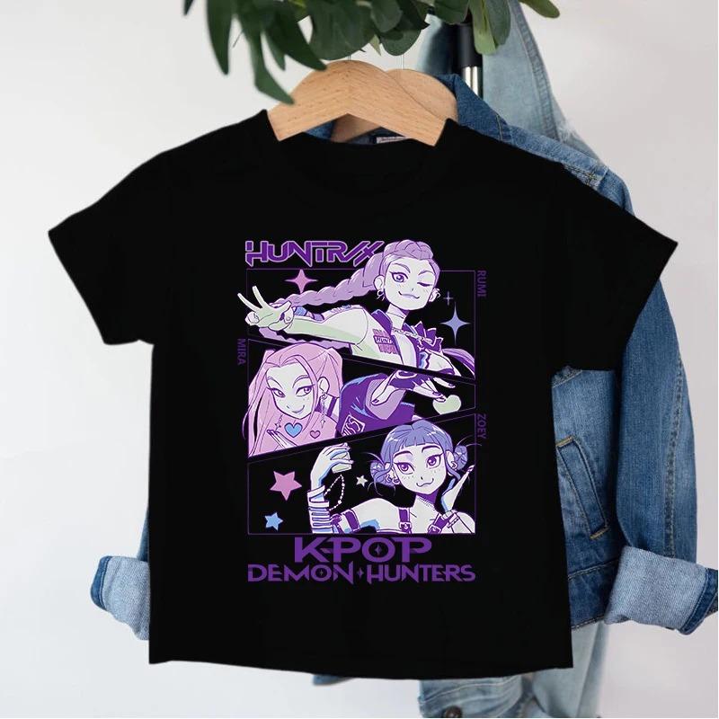 HUNTRX Anime Cartoon Mädchen Print Kinder T-Shirt | Japanischer Y2K Stil Unisex Kinder Baumwolle Lässig Kurzarm T-Shirt