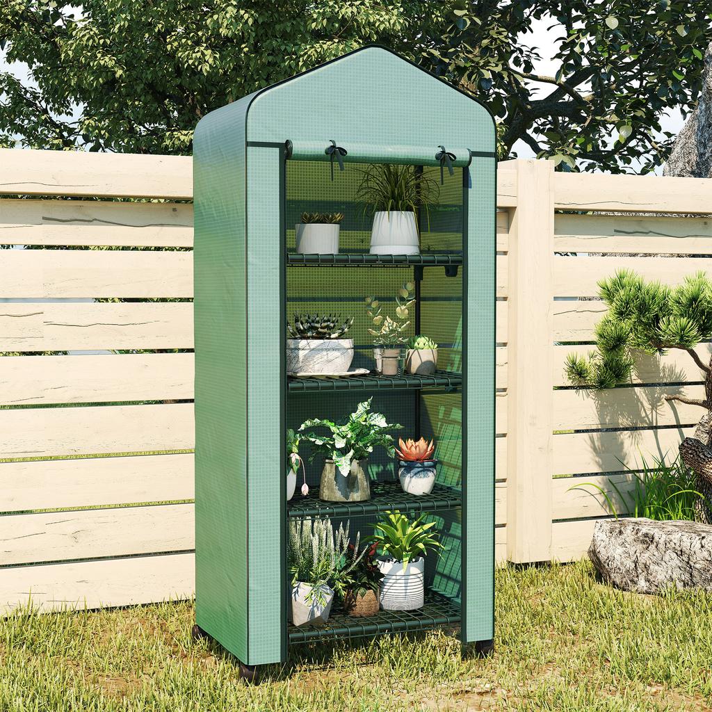 4 Tier Mini Portable Greenhouse Compact Plant Grow Shed Metal Frame PE Cover with Lockable Rolling Wheels , Green