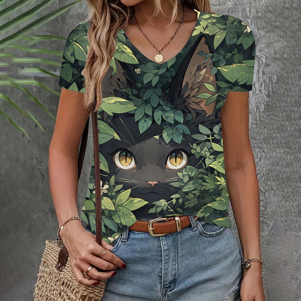 Women's T-shirt Casual Loose  Clothing Cat Pattern Top Summer New Fashion V-neck