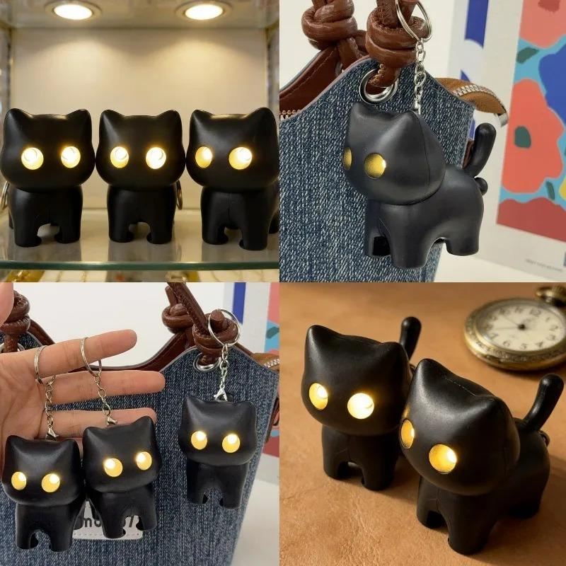 Funny Creative Cute Cats Japanese Cartoon Led Eyes Glowing Black Cat Keyring Night Light Emitting Sound Keychain Bag Accessories